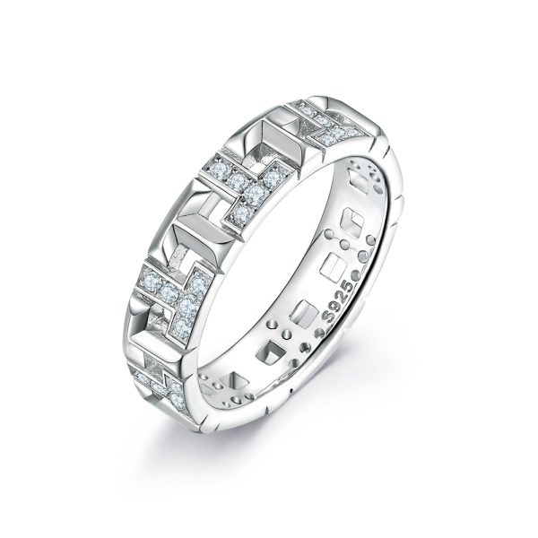 Women's S925 Sterling Silver Wide Face Hollow T Letter Zircon Ring - Statement Piece