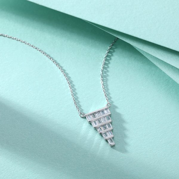 Women's S925 Sterling Silver Ladder Square Zircon Fan-Shaped Pendant Necklace - Image 4