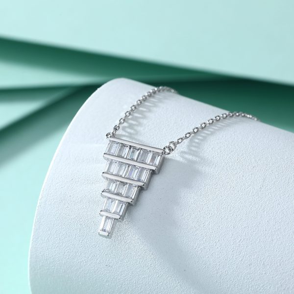 Women's S925 Sterling Silver Ladder Square Zircon Fan-Shaped Pendant Necklace - Image 3